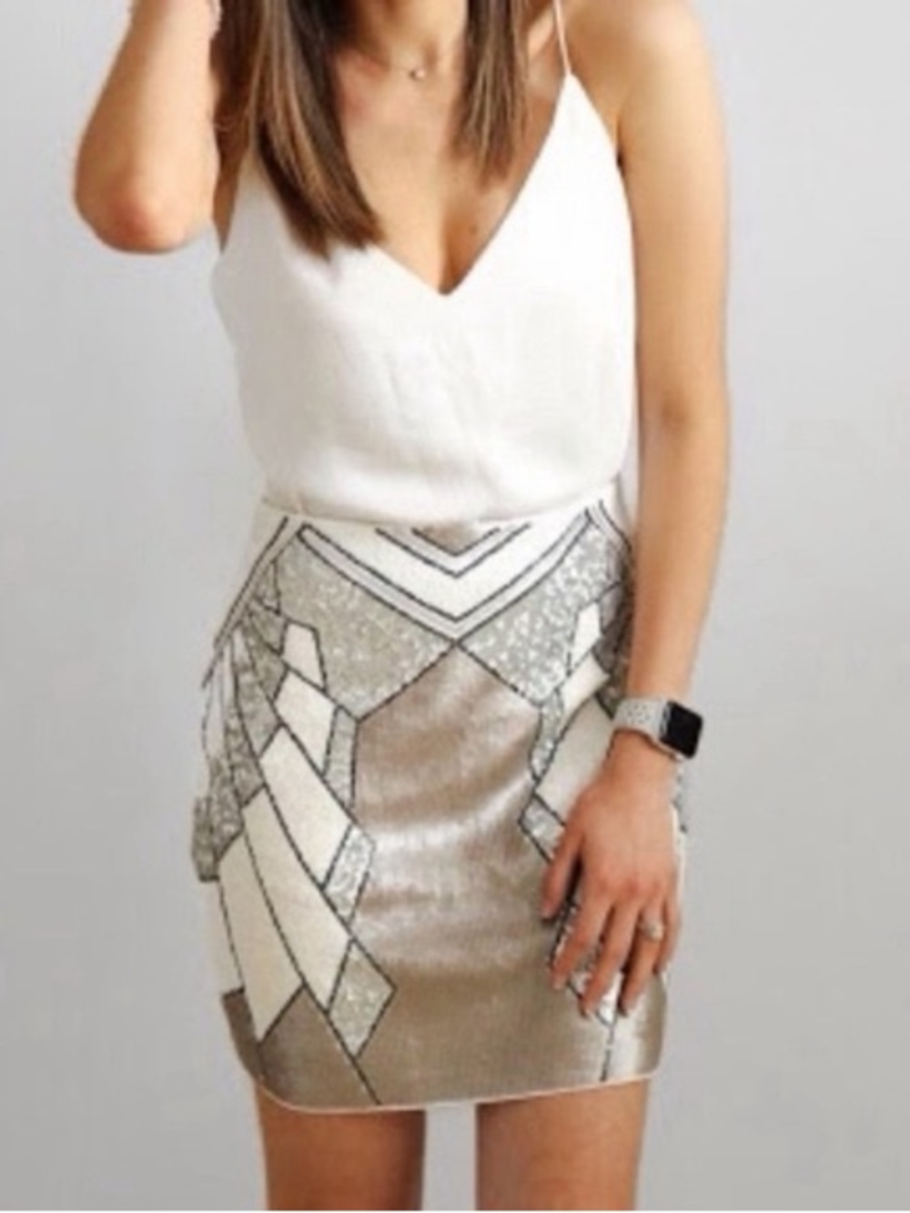 Express Sequin Geometric Mini Skirt in Cream and Taupe Sz M